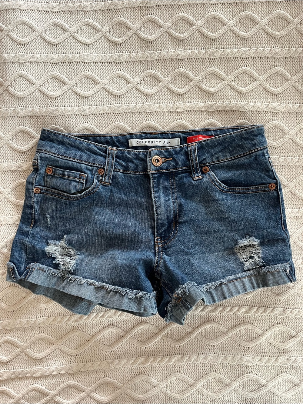 Celebrity Pink Medium Wash Distressed Denim Cuffed Shorts Juniors Size 1